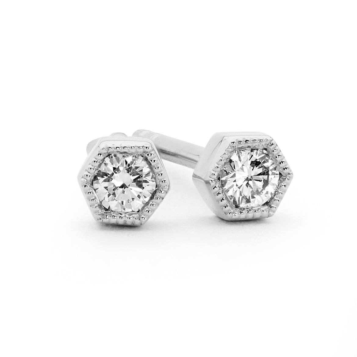 Hexagon Petite Bezel Set Diamond Stud Earrings