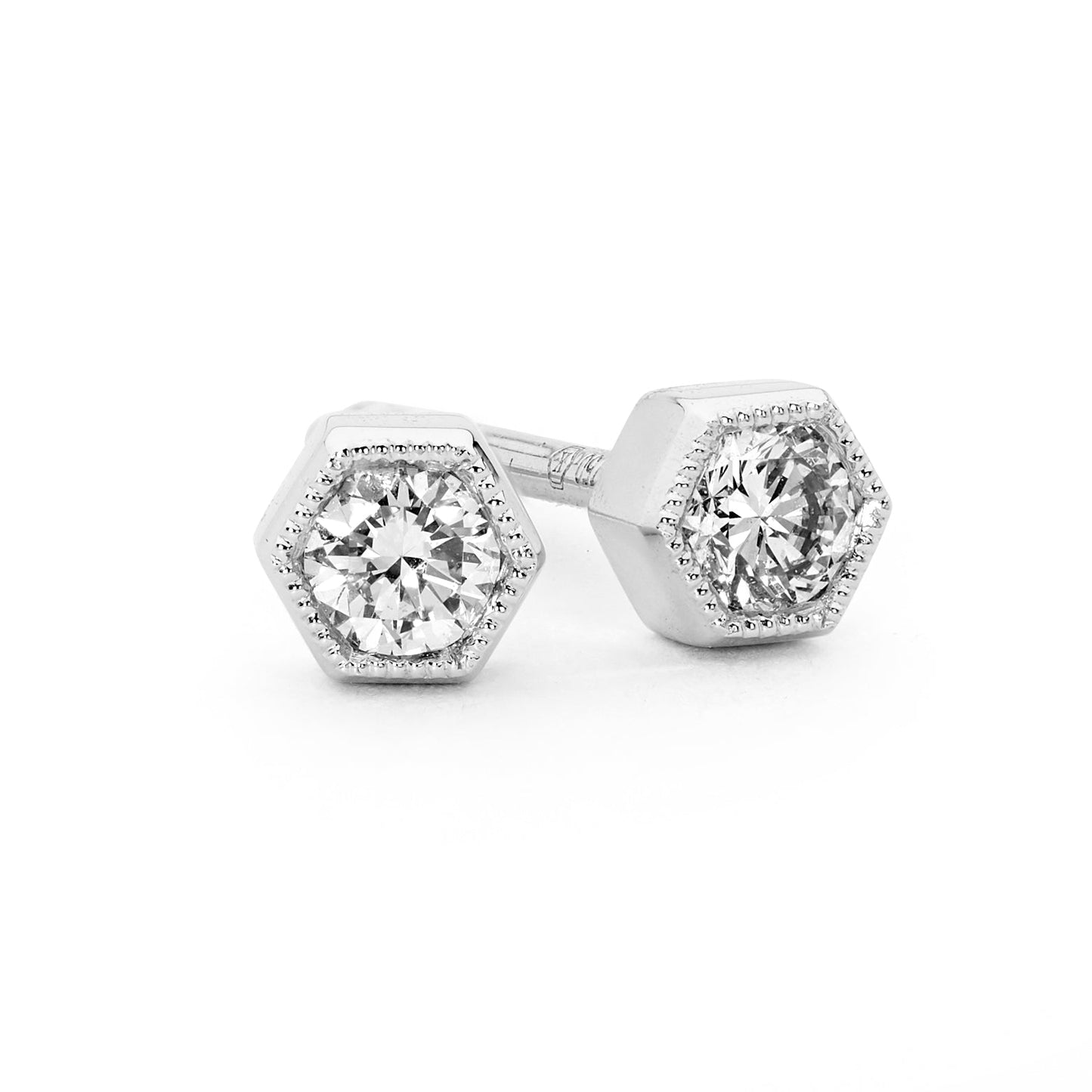 Hexagon Mid Bezel Set Diamond Stud Earrings
