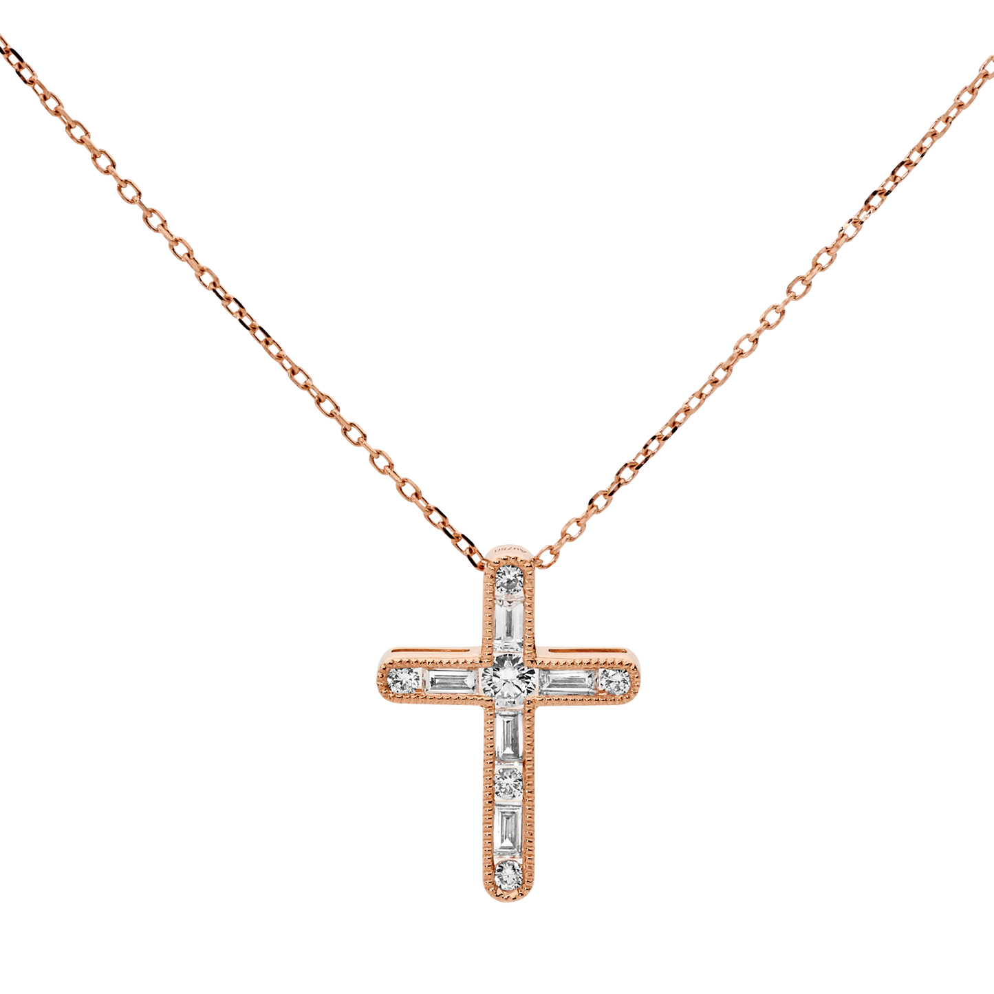 Baguette & Brilliant Cut Diamond Cross and Chain