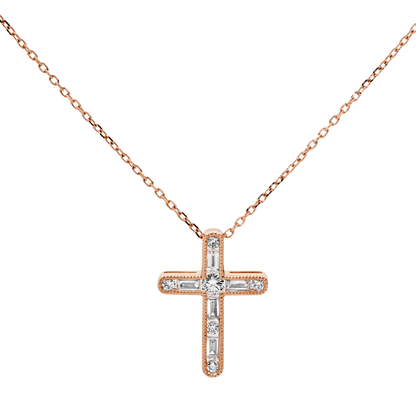 Baguette & Brilliant Cut Diamond Cross and Chain