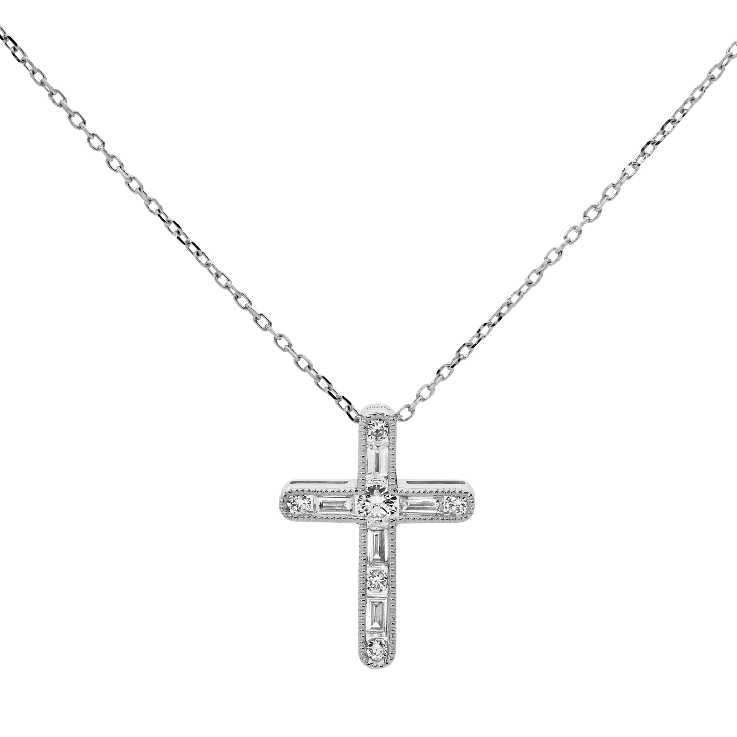 Baguette & Brilliant Cut Diamond Cross and Chain