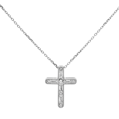 Baguette & Brilliant Cut Diamond Cross and Chain