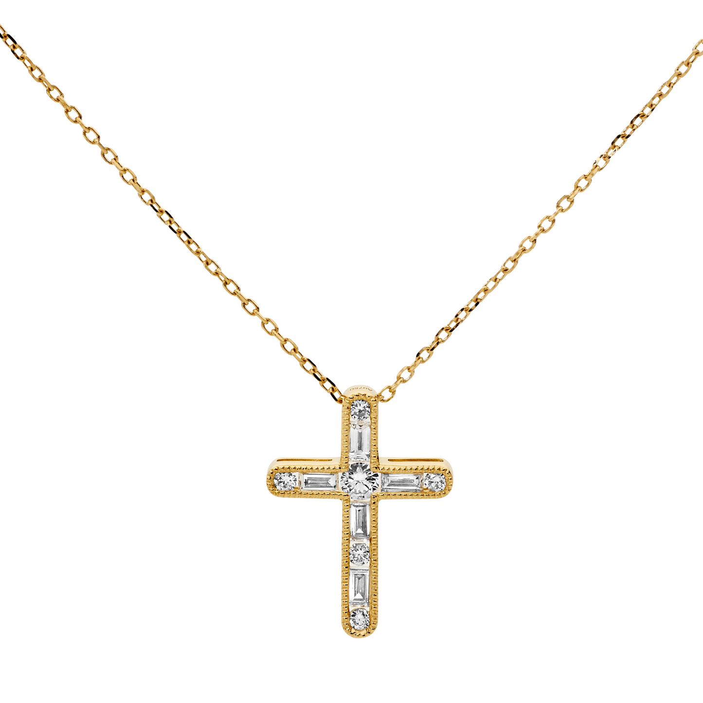 Baguette & Brilliant Cut Diamond Cross and Chain