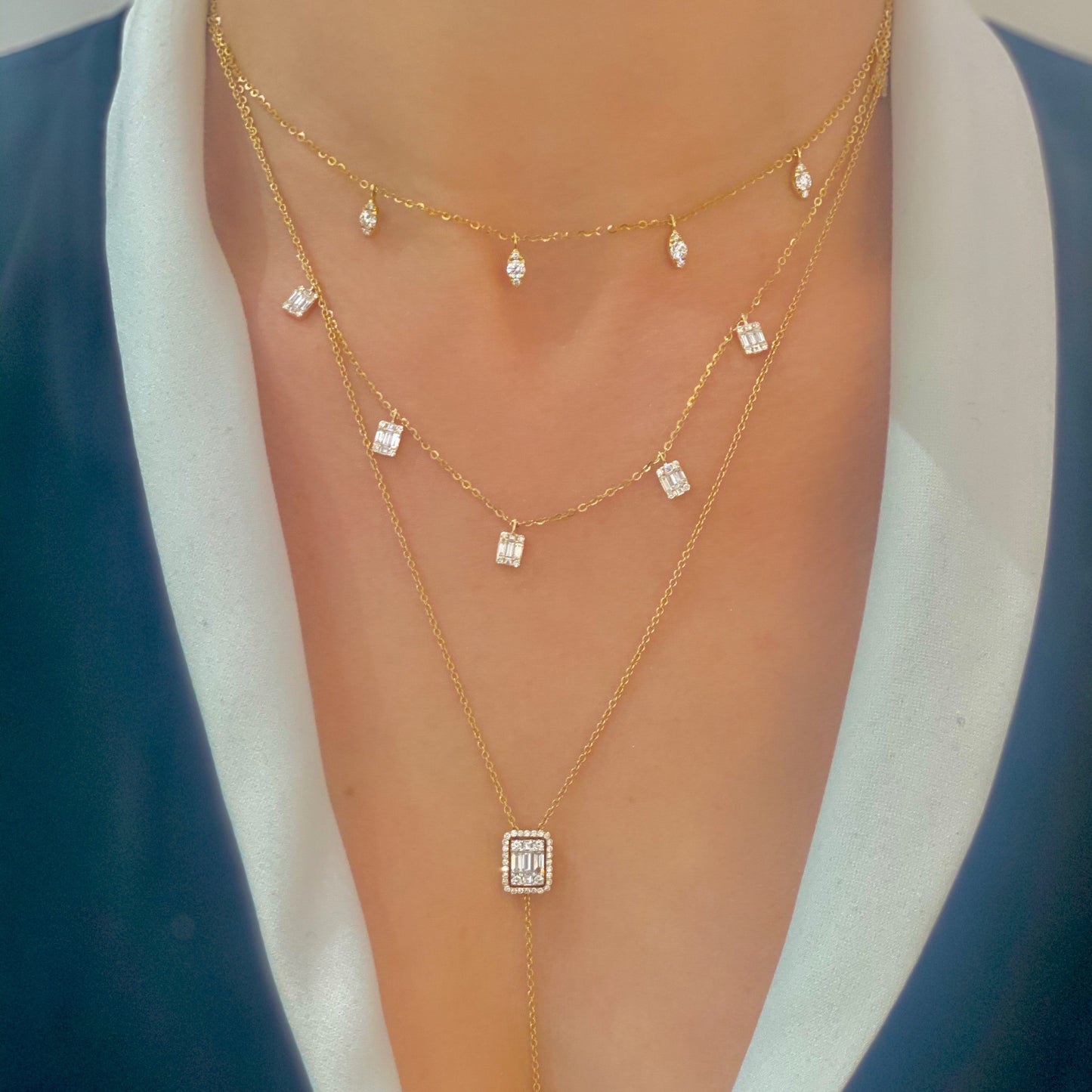 Art Deco Diamond Drop Necklace with Gold Pull Bar